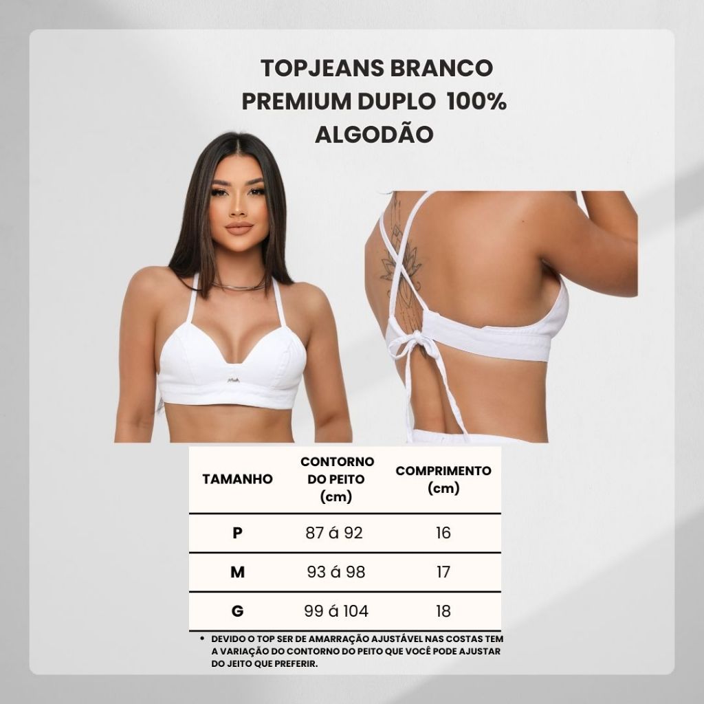 Top Cropped Branco Jeans Premium Regulável Alcinha Sem Bojo Duplo