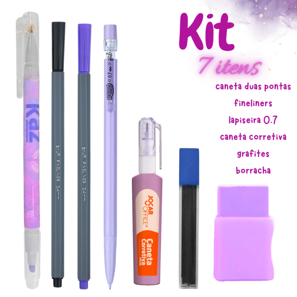 Kit Escolar Materiais - Fineliner Canetas 2 Em 1 Lapiseira Grafites Borracha Corretivo