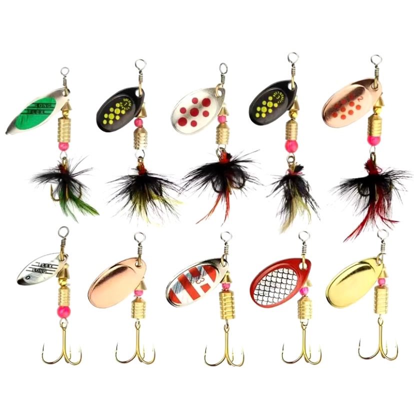 ￼isca artificial pesca Spinner de colher com pena 10 pcs Mais estojo tucunaré e traira