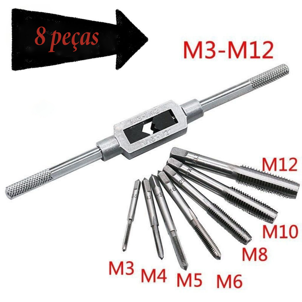 Kit Jogo De Tarraxas Macho Para Abrir Roscas C/ 8 Peças M3 A M12 Resistente