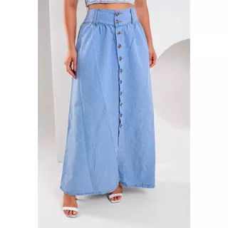 Saia Longa jeans feminina com botões cor clara 100%