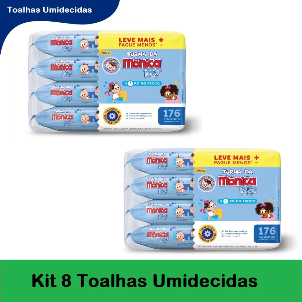 Kit 8ptes Toalhas Umedecidas Turma da Mônica Baby 44un cada -Total 352un