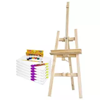 Kit De Pintura com Cavalete De Chão + 4 Telas 30x40 + Caixa com 6 Tintas + Pincel + Paleta p/ Tintas