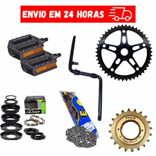 Kit Relação Bike Coroa + Catraca + Corrente + Movimento Central + Pedal + Pedivela