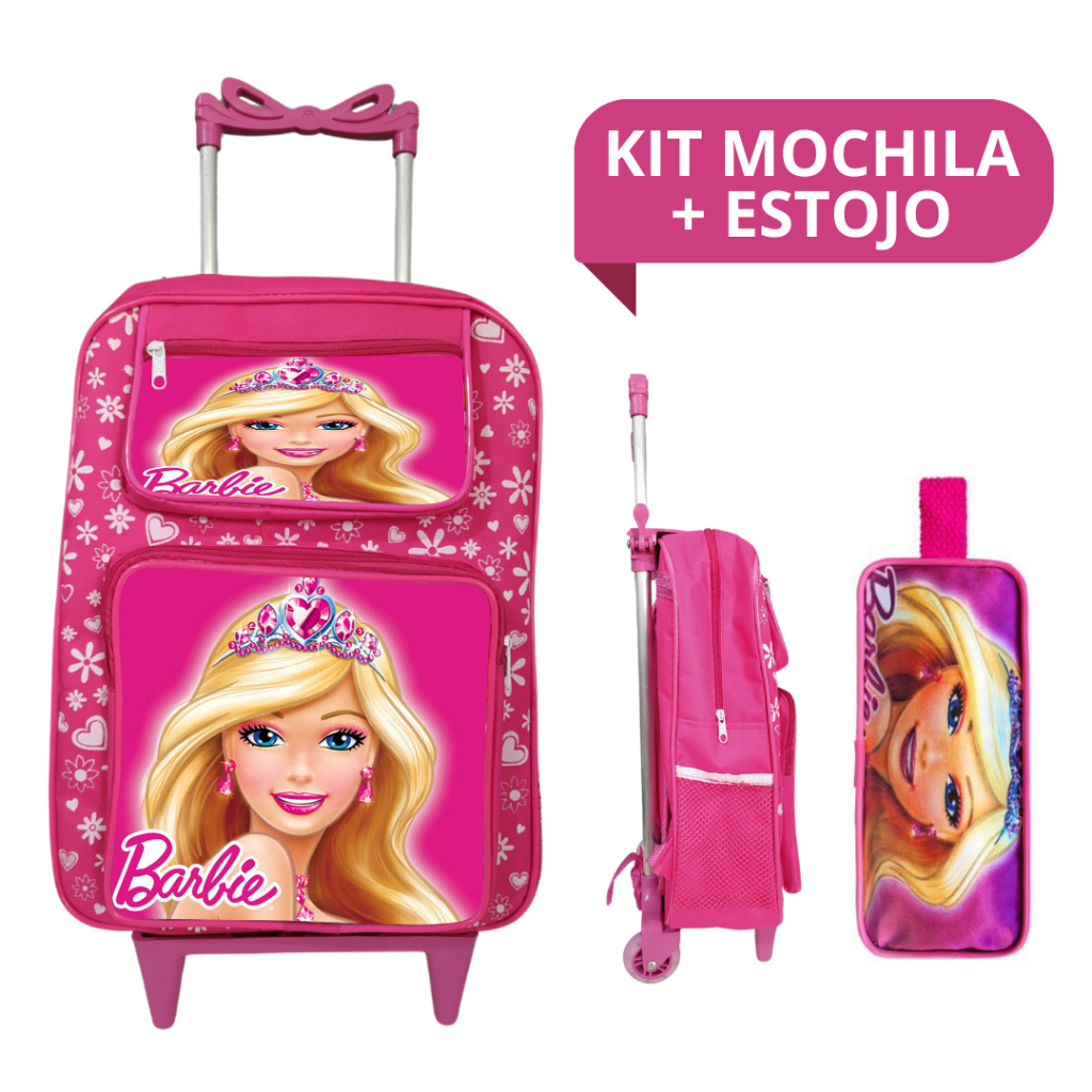 Kit Escolar Mochila Rodinha e Estojo Infantil Feminino Menina Personagem Barbie Princesas Moana Frozen Patrulha Stitch