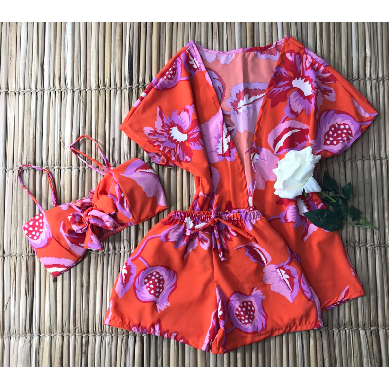Conjunto Kimono 3 peças Kimono cropped e short | Shopee Brasil
