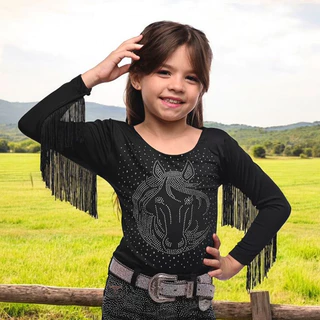 Body Infantil Manga Longa Preto Franja Strass Pedraria Brilho Country Cavalos Diversos Modelos