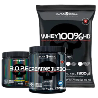 Whey 100%HD 900g Refil + Creatina Turbo 300g + Pré treino B.o.p.e Frutas Vermelhas 150g - BlackSkull