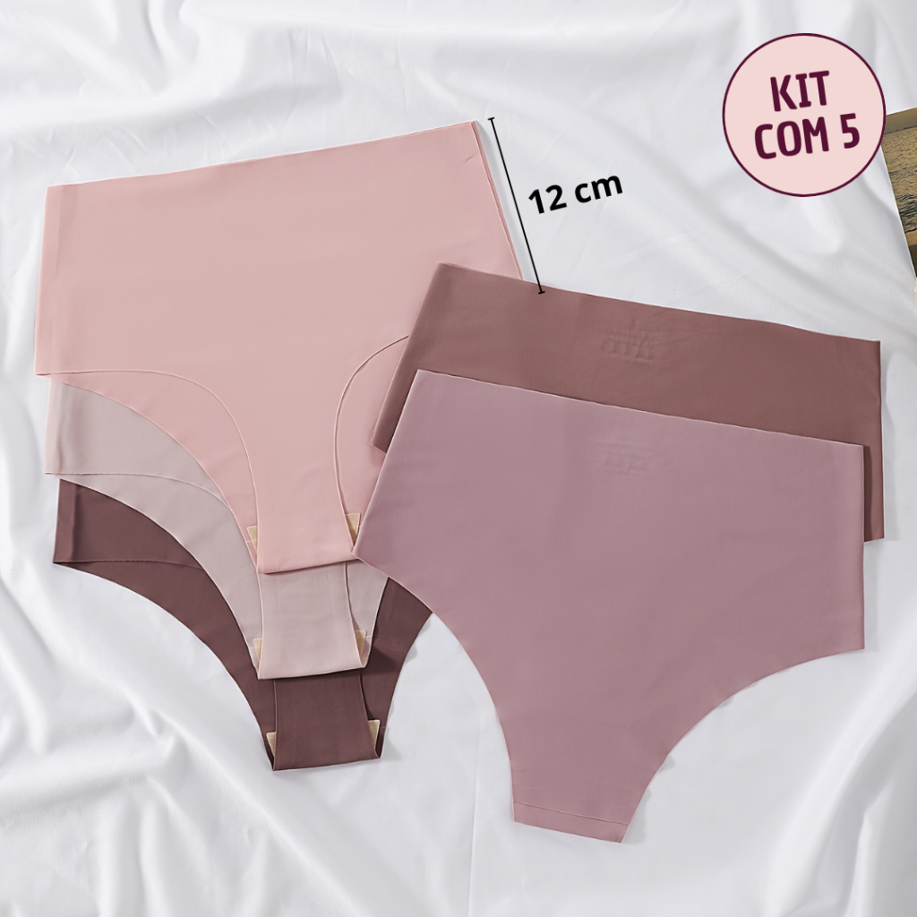 KIT 5 Calcinhas Corte a Laser Cintura Alta 12cm Tanga Sem Costura Poliamida Lisa Não Marca
