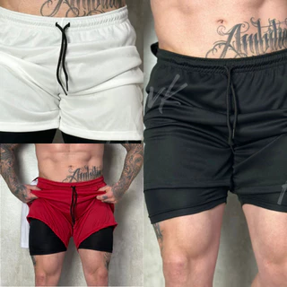 Kit 3 Bermuda 2 em 1 masculina Academia com bolso interno Shorts corrida Fitness Run Esporte