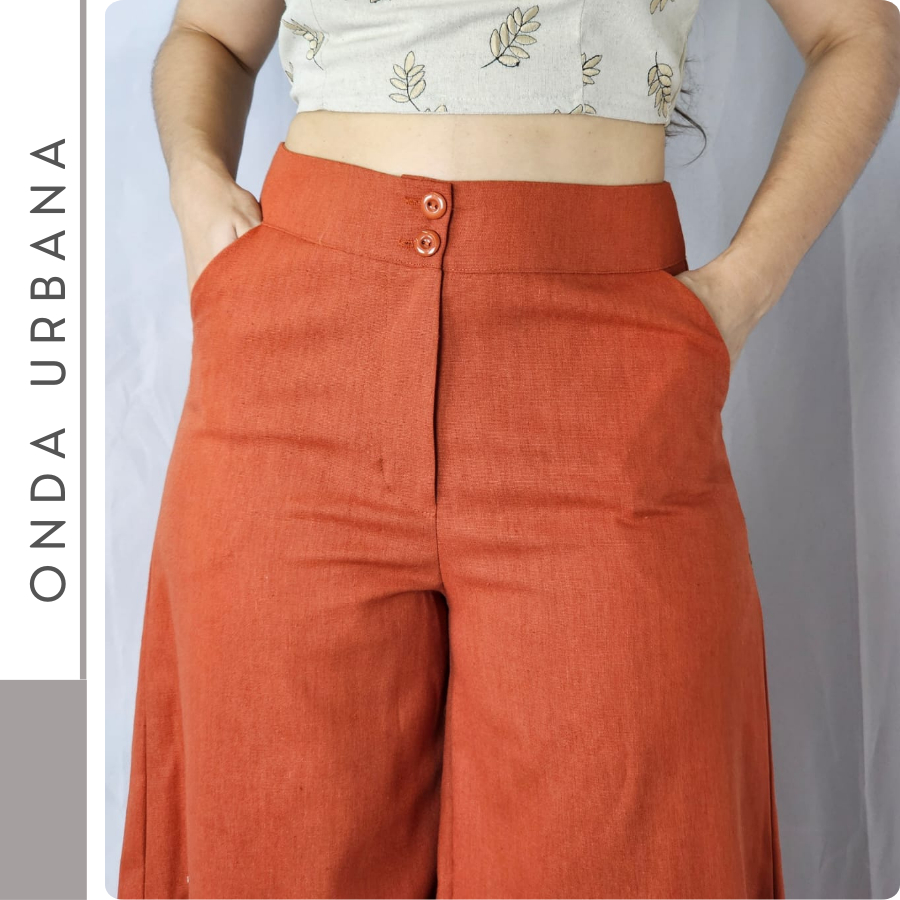 Calça Pantacourt Feminina Linho Capri Midi Botão Bolso Perna Larga