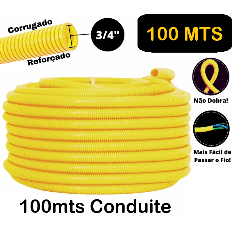 Conduite Eletroduto Corrugado Amarelo 3/4 100 Metros REFORÇADO PEAD ...