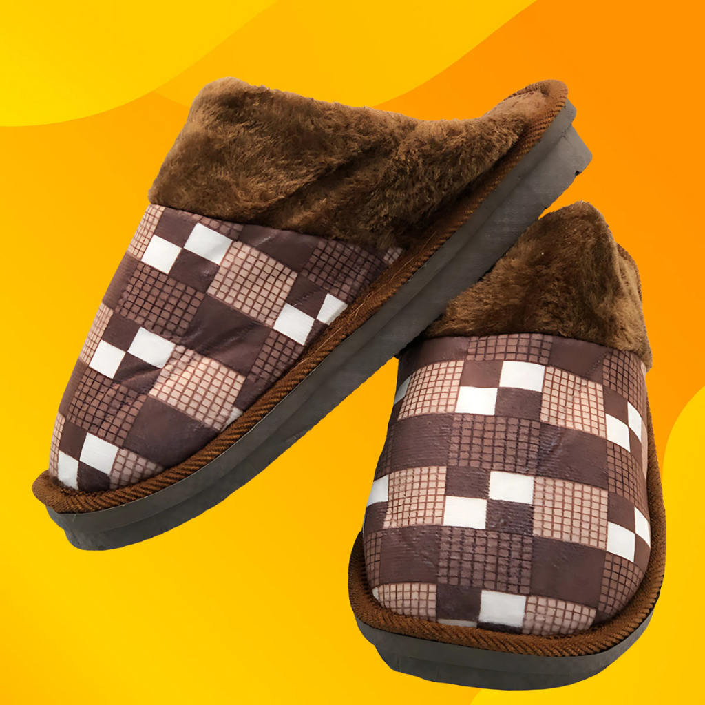 Pantufa Masculina Xadrez Marrom Chinelo de Quarto