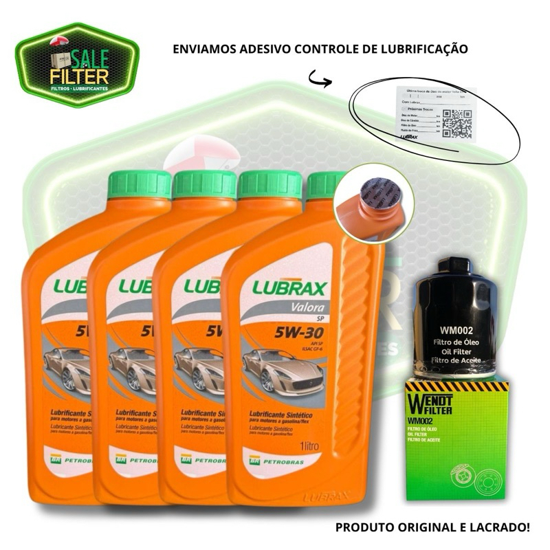 KIT TROCA DE ÓLEO 4L LUBRIFICANTE SINTÉTICO API SP 5W30 VALORA LUBRAX ...
