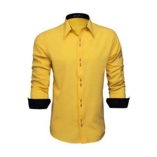Camisa Social Masculina Manga Longa Slim Amarela Passa Facil e Não Solta Tinta