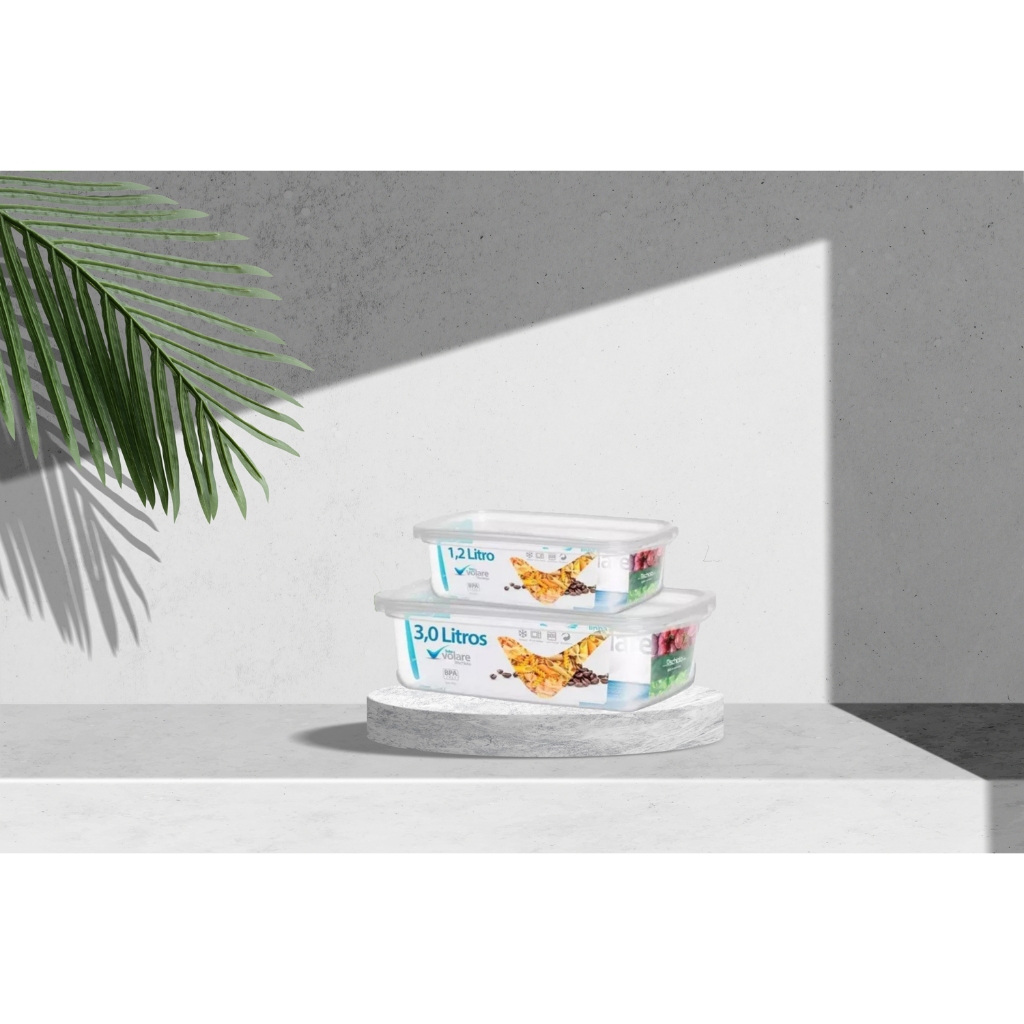 KIT Potes Plásticos 1,2L+3L BPA Free Com Tampa Cozinha Micro-ondas Frezer Visita Presidio Transparente Volare