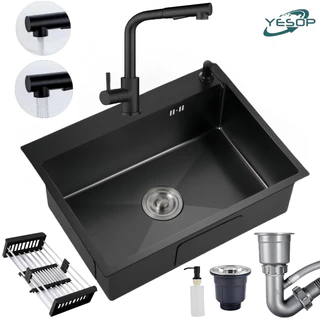 Cuba Pia Inox 304 Gourmet Cozinha 60x45 Com Torneira E Escorredor E Válvula Cor Fosco Preto Yesop