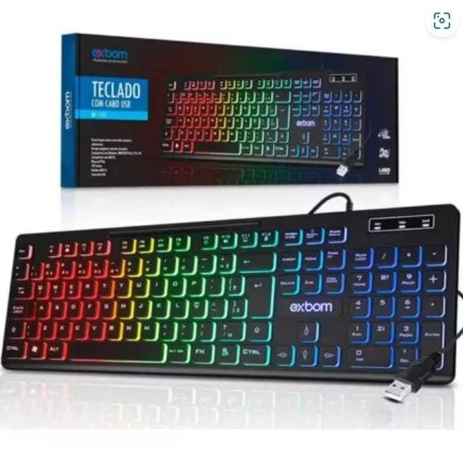 Teclado gamer iluminado RGB MULTIMIDIA semi-mecanico ABNT2 Padrão Brasileiro BK-155C EXBOM Video Games e PC