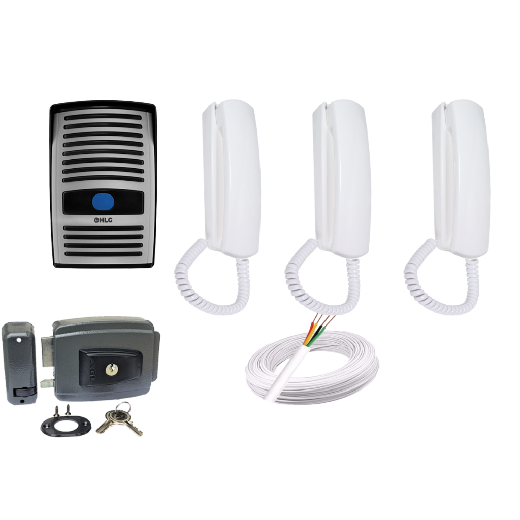 Kit Interfone Porteiro Eletronico HLG c/ 3 Monofones e 1 Fechadura AGL ...