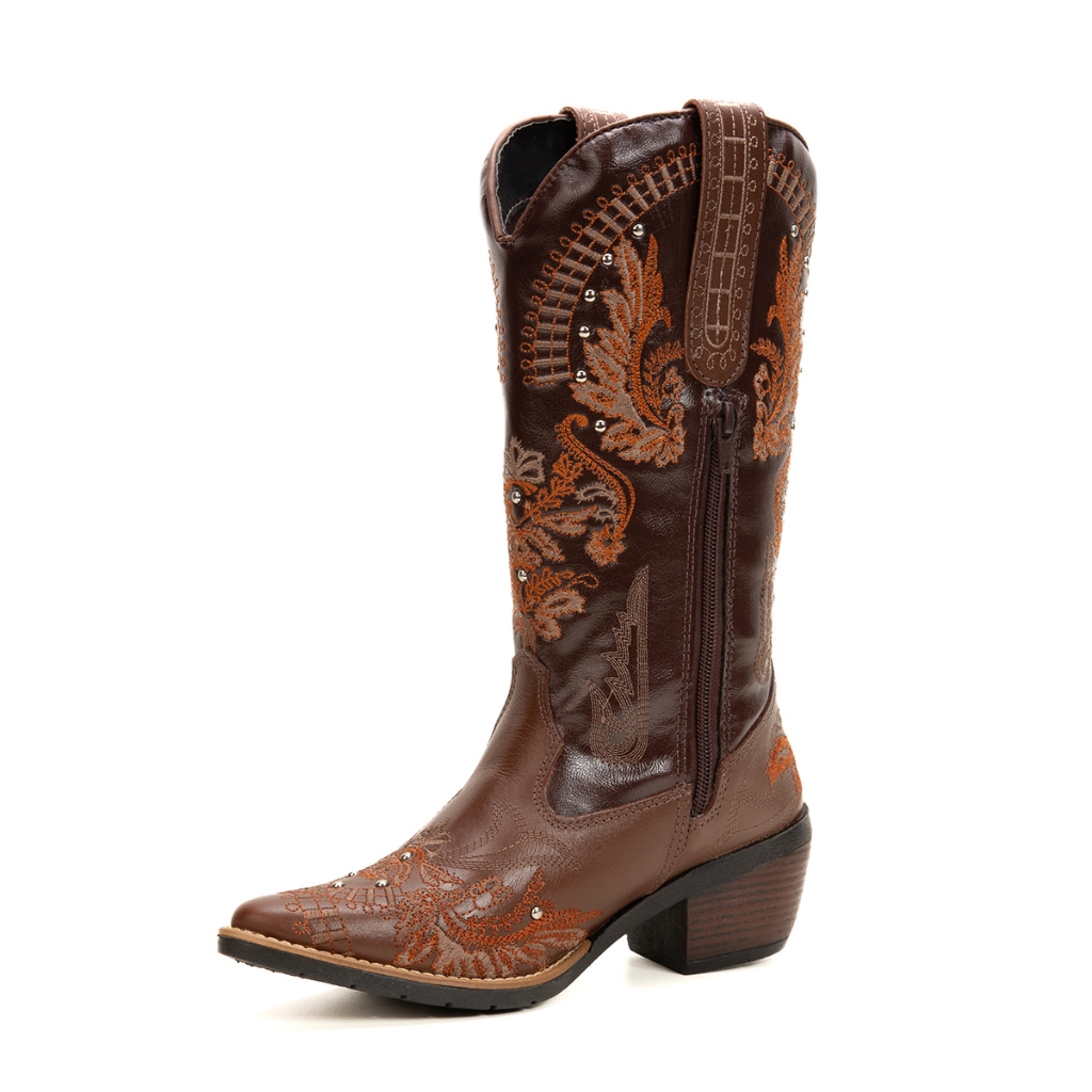 Bota Texana Western Feminina Country Em Couro Cano Alto Bordado Bico ...