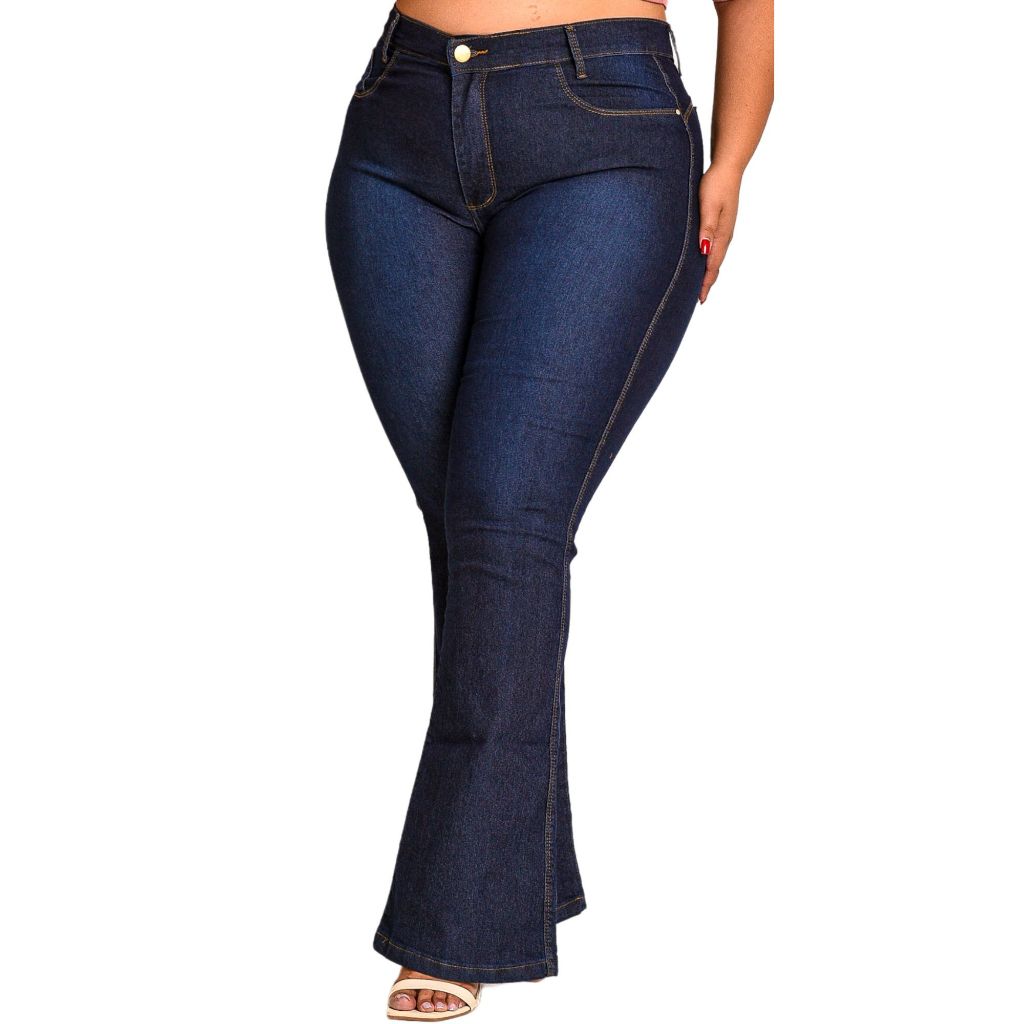 Calça Jeans Flare Plus Size Curve Cintura Alta Levanta Bumbum Com Lycra
