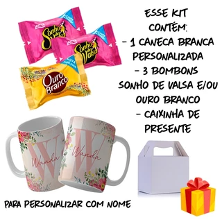 KIT CANECA PERSONALIZADA COM BOMBONS E CAIXINHA COM INICIAL E NOME ALFABETO TODO DIVERSAS OPÇÕES DE ESTAMPA