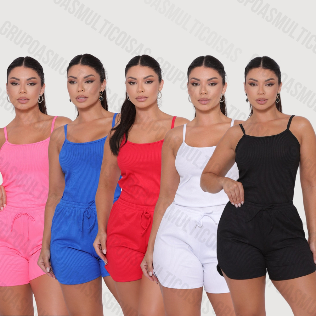 KIT COM 5 CONJUNTINHOS CANELADOS SHORT+ REGATINHA MODA VERÃO TECIDO ...