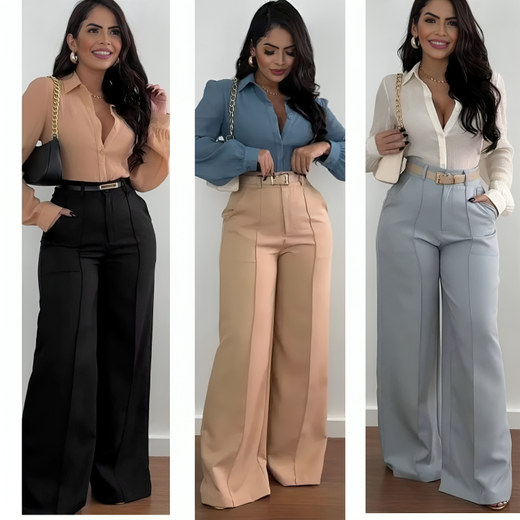 Conjunto Feminino Alfaiataria calça pantalona e blusa social manga ...