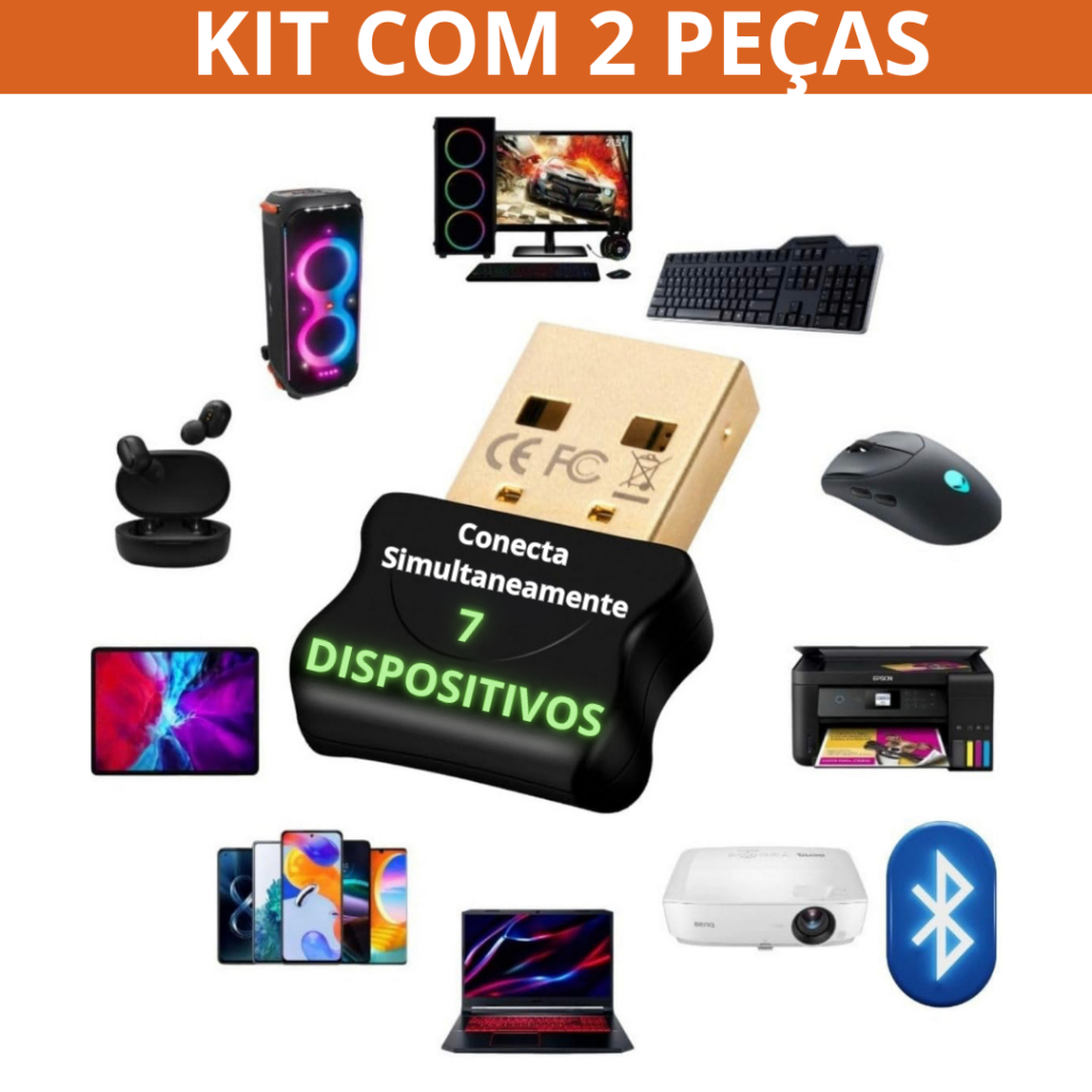 Kit com 2 Adaptador Bluetooth 5.1 Usb Dongle Original P/ Pc Notebook Conecta até 7 Dispositivos