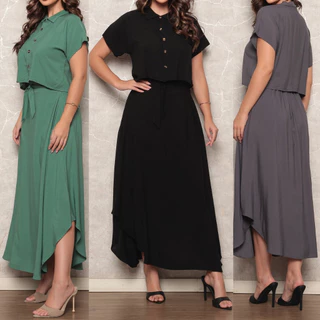 Conjunto Alfaiataria Feminino Saia Longa Meia Lua Rodada com Fenda Lateral Social Com Elástico