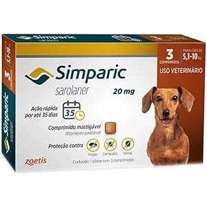 Simparic antipulgas e Carrapatos para Cães - 5,1kg até -10kg sarolaner 20mg - Caixa c/ 3 comprimidos