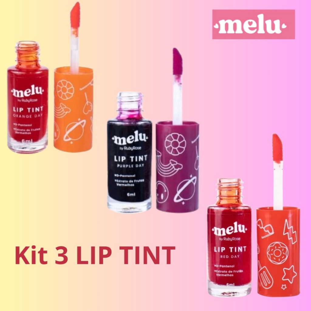 Kit 3 Lip Tint Gloss Várias Cores Melu Ruby Rose Maquiagem Presente ...