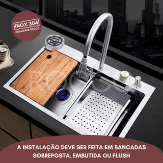 Cuba Gourmet Cozinha Inox Premium Completa Torneira Cascata Lavador Copos Tábua Madeira Inox 304
