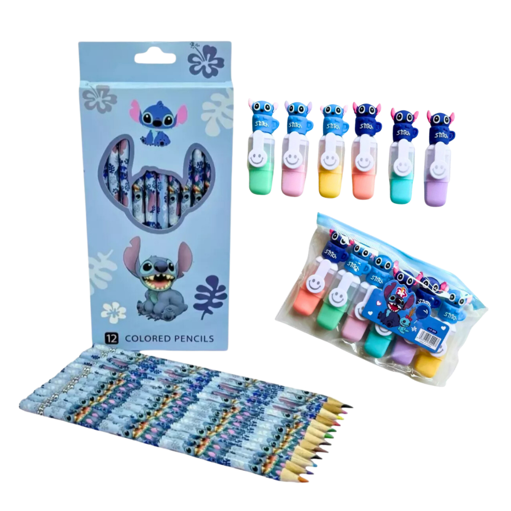 Kit Lápis de Cor Stitch e Mini Marca Texto Desenho Animado Stitch ...