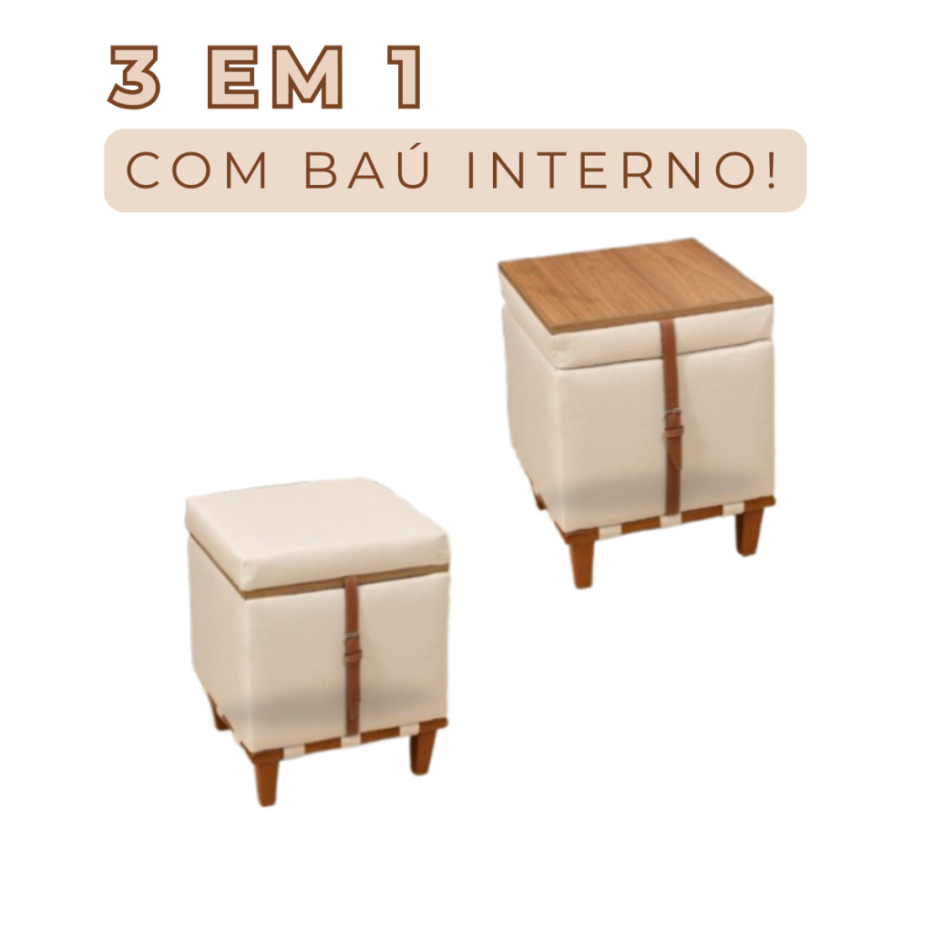 Puff Flex 3 Em 1 - Baú E Mesa Centro | Linho Escuro 47x47x51cm