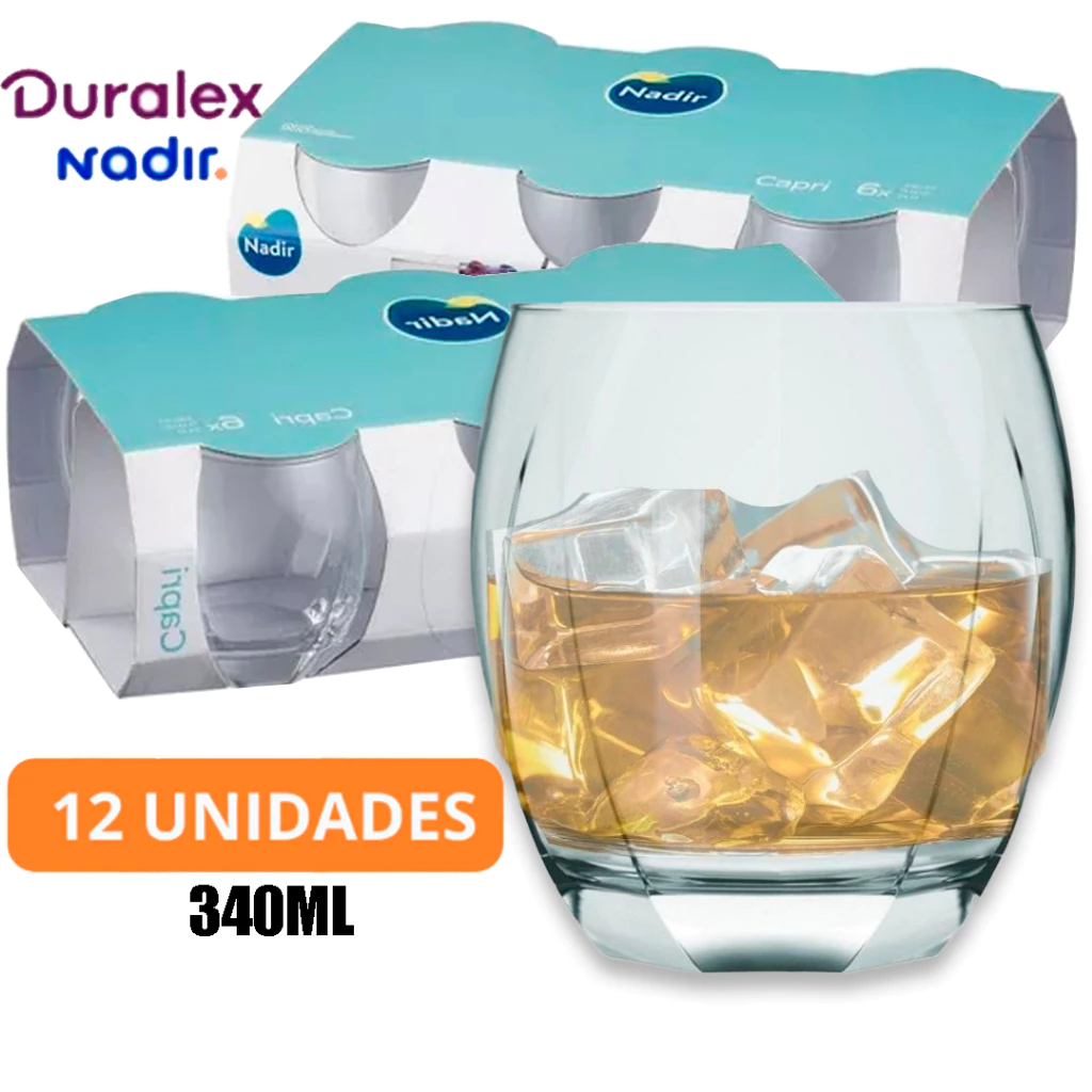Jogo Kit 12 Copos Rocks whisky Bebidas Capri Nadir 340ml Vidro Transparente Resistente Nadir