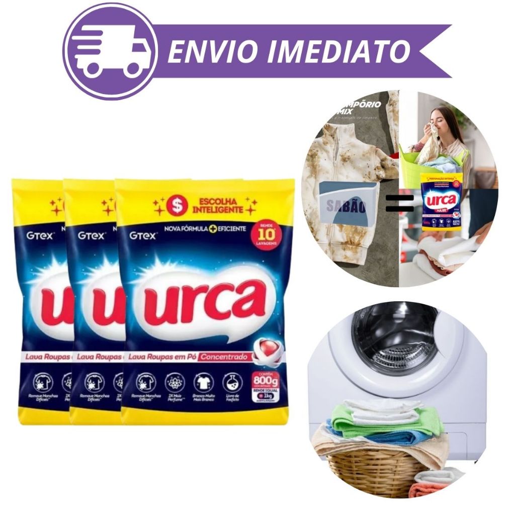 Kit 3 Sabão Em Pó Urca Roupas Brancas E Coloridas 800g