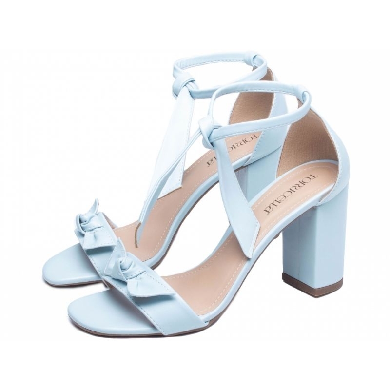 Sandália Feminina Salto Baixo Elegante Azul Claro e dourado Laço Sapato ...