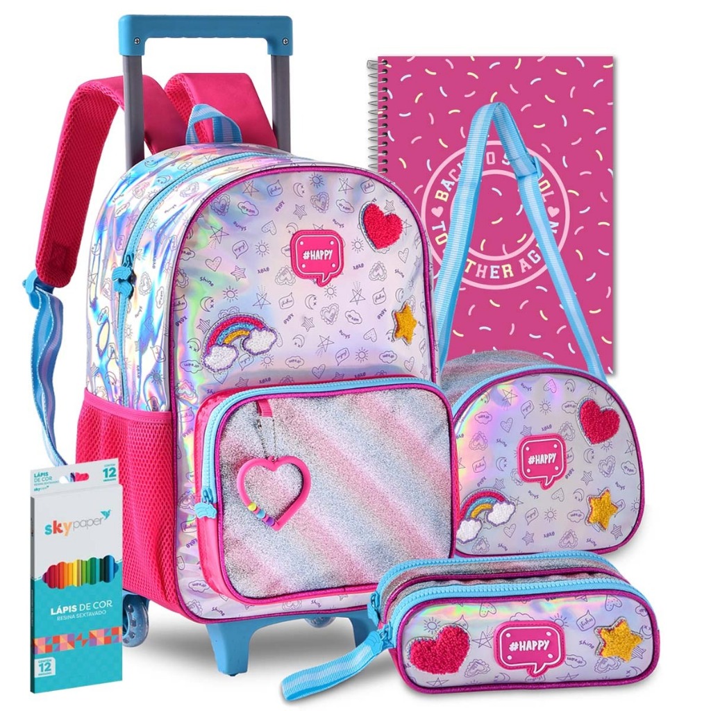 Kit Mochila Infantil Unic Rnio Rodinhas Menina Escolar Hologr Fica Infantil Refor Ada Resistente