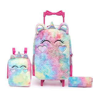 Kit Infantil Mochila de Rodinha Estojo e Lancheira Tie dye Unicórnio Menina