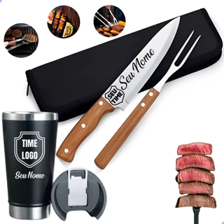 Kit Churrasco 2 Peças + Copo Térmico Personalizado Logo Time Nome Empresa
