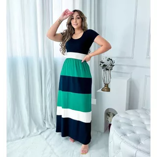 "Moda em Viscolycra: Vestido Longo com Faixas Coloridas e Mangas Curtas - Elegância e Conforto para Todas as Ocasiões"