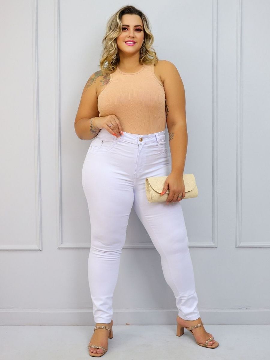 Calça Jeans Plus Size Skinny Branca | Shopee Brasil