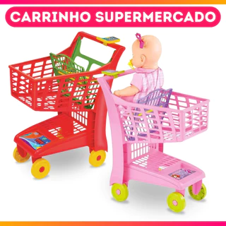 Brinquedo Carrinho de Compra Mini Market c/ Calculadora Digital Rodinhas c/ Assento para Boneca
