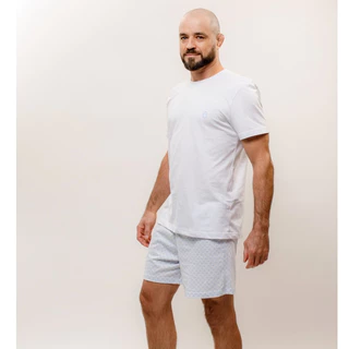 Pijama Masculino Manga Curta Algodão – Branco / Azul Gravataria em Oferta na Shopee