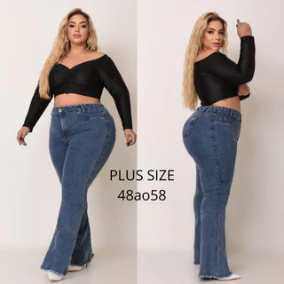 Calça Jeans Flare Plus Size Cintura Alta Lycra Elastano Premiun Efeito Levanta Bumbum Curve Premier