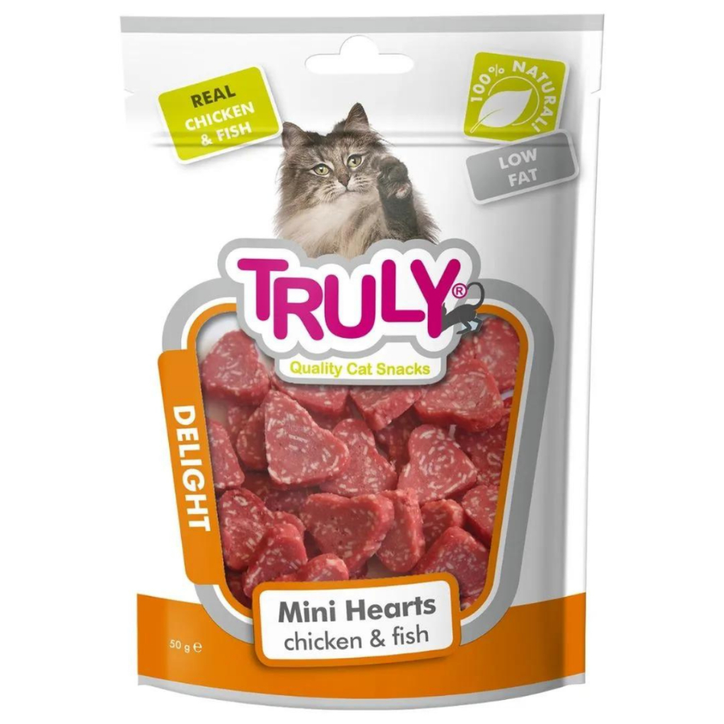 Truly Petiscos Para Gatos - Mini Corações De Frango E Peixe 50g