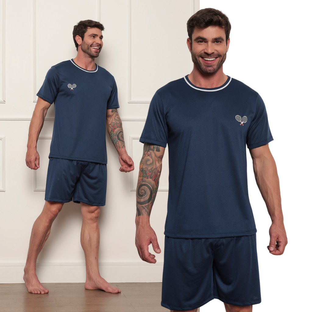 Pijama Masculino Manga Curta e Short Linha Verão Malha Estiloso Confortável Pijama Masculino Manga Curta e Short Linha Verão Malha Estiloso Confortável