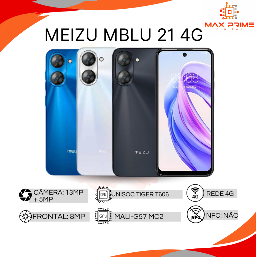 Meizu Mblu 21 4G 64GB e 4BG RAM, Câmera 13 MP, Processador Unisoc