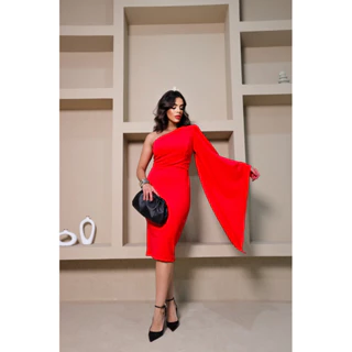 Vestido midi Plus Size Vermelho Natal festa mula manga Gestante / Casamento / Civil / Batizado/ Minimalista / formatura